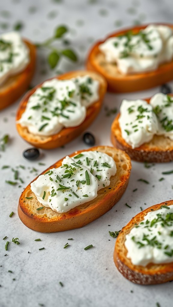 Herbed goat cheese crostini topped with fresh herbs on toasted bread slices.