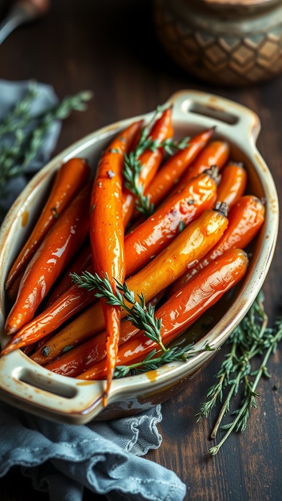 A dish of honey glazed carrots garnished with thyme on a wooden table.