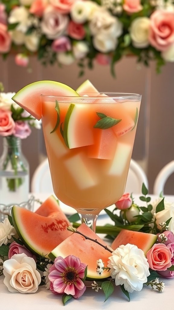 A refreshing glass of Honeydew Melon Sangria with mint and fruit garnishes.