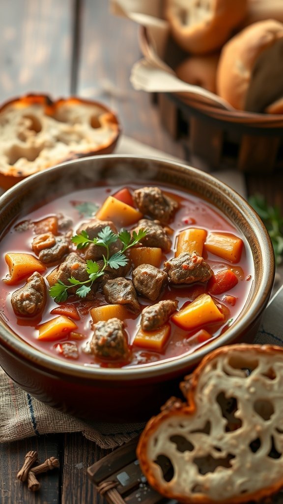 A bowl of Hungarian Goulash with meat and vegetables, served with bread on the side.