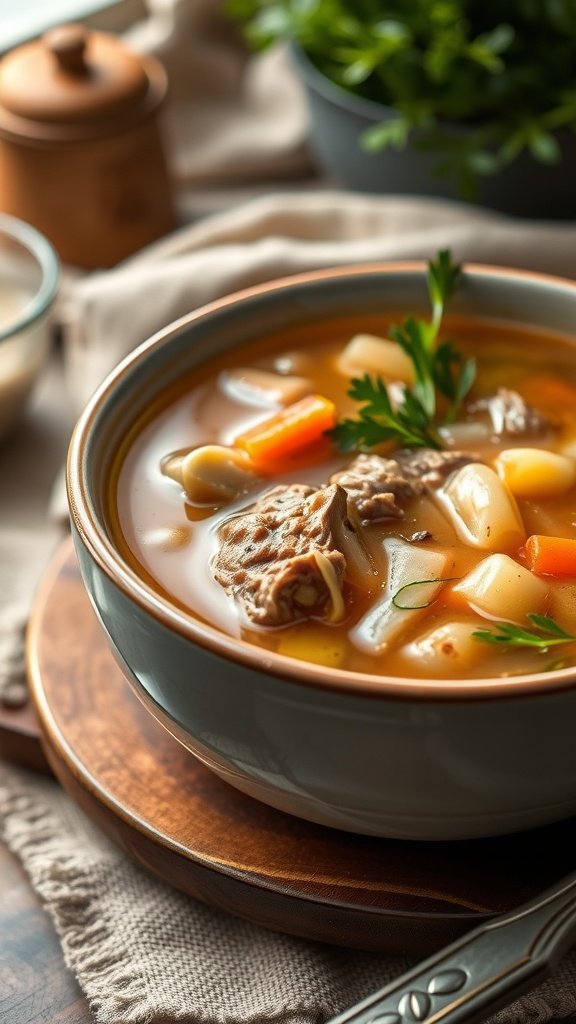 A bowl of Icelandic Lamb Soup with lamb, vegetables, and fresh herbs