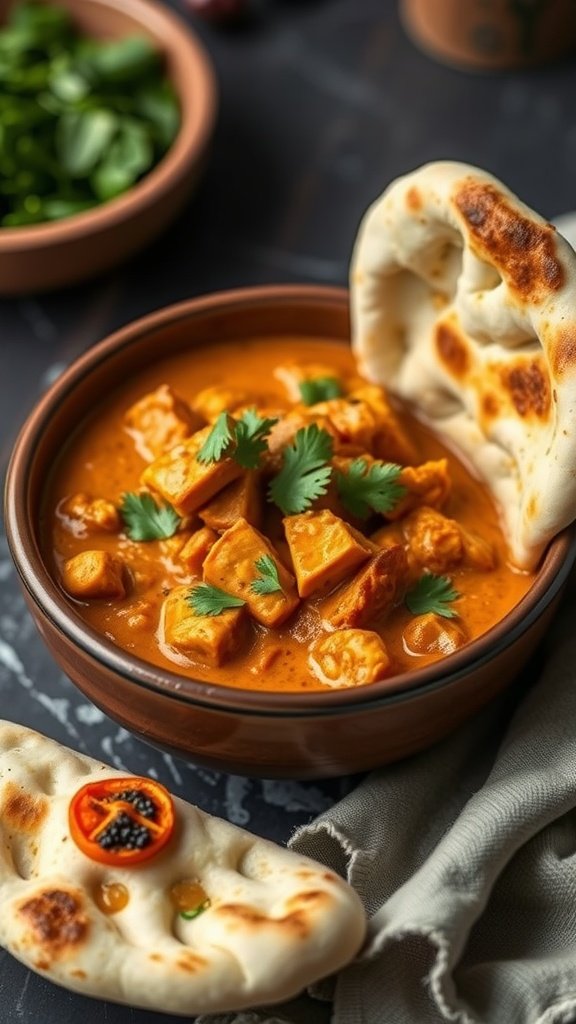 A bowl of Indian Butter Chicken with naan bread on the side, garnished with fresh cilantro.