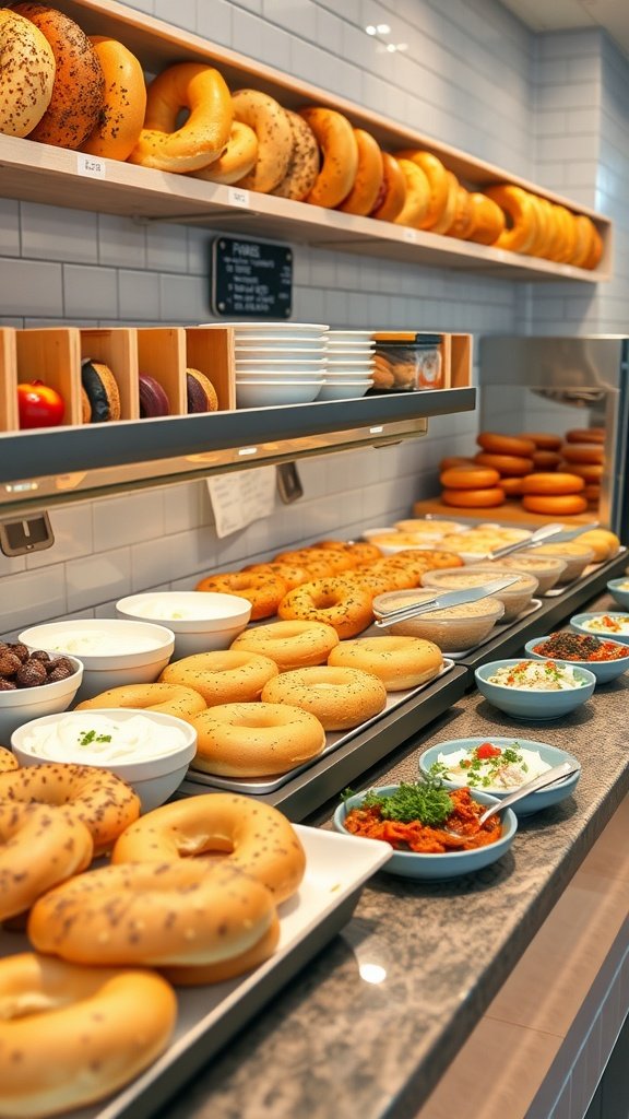 A well-arranged bagel bar with various bagels and toppings.