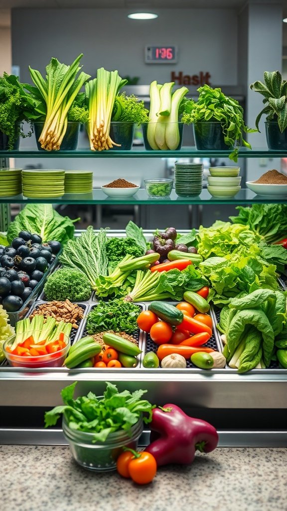 A vibrant salad bar with various fresh vegetables and toppings, inviting guests to create their own salads.