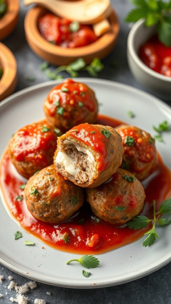 Delicious Italian cheesy stuffed meatballs topped with marinara sauce.