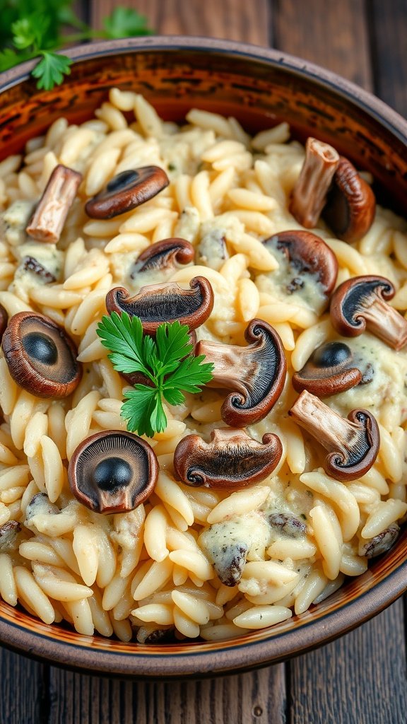 A bowl of creamy risotto with wild mushrooms, garnished with fresh parsley.