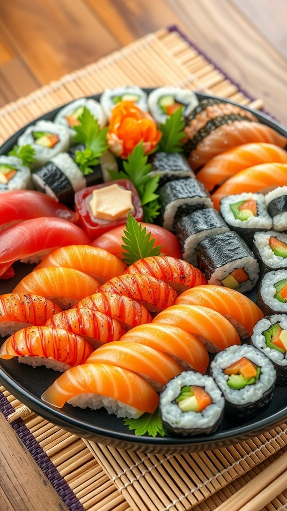 A beautifully arranged Japanese sushi platter featuring various types of sushi, including nigiri and rolls, garnished with herbs and flowers.