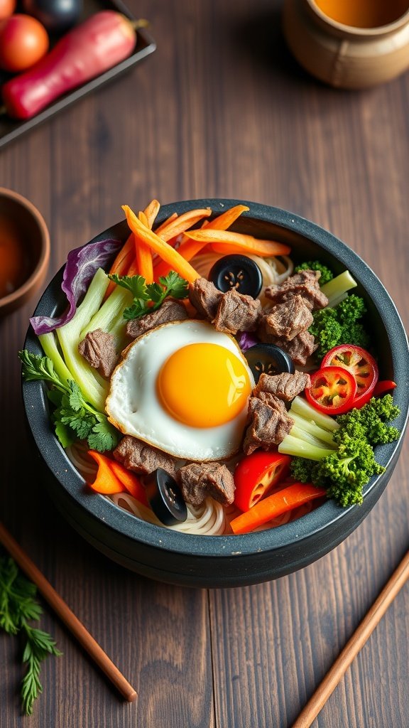 A colorful bowl of Korean Bibimbap with rice, vegetables, a fried egg, and marinated beef.