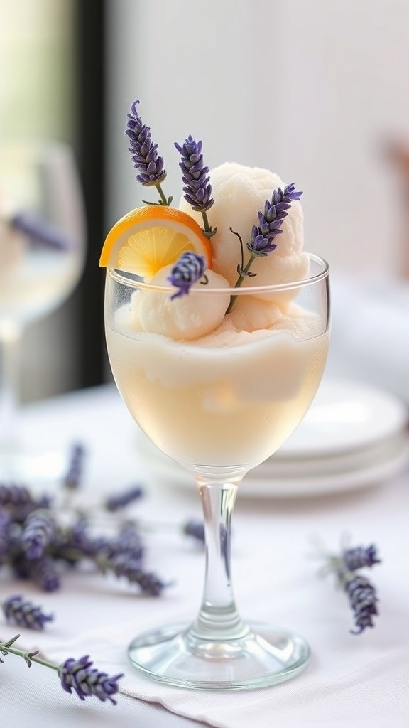 Lavender Lemonade Sorbet served in a glass with lavender and lemon garnish