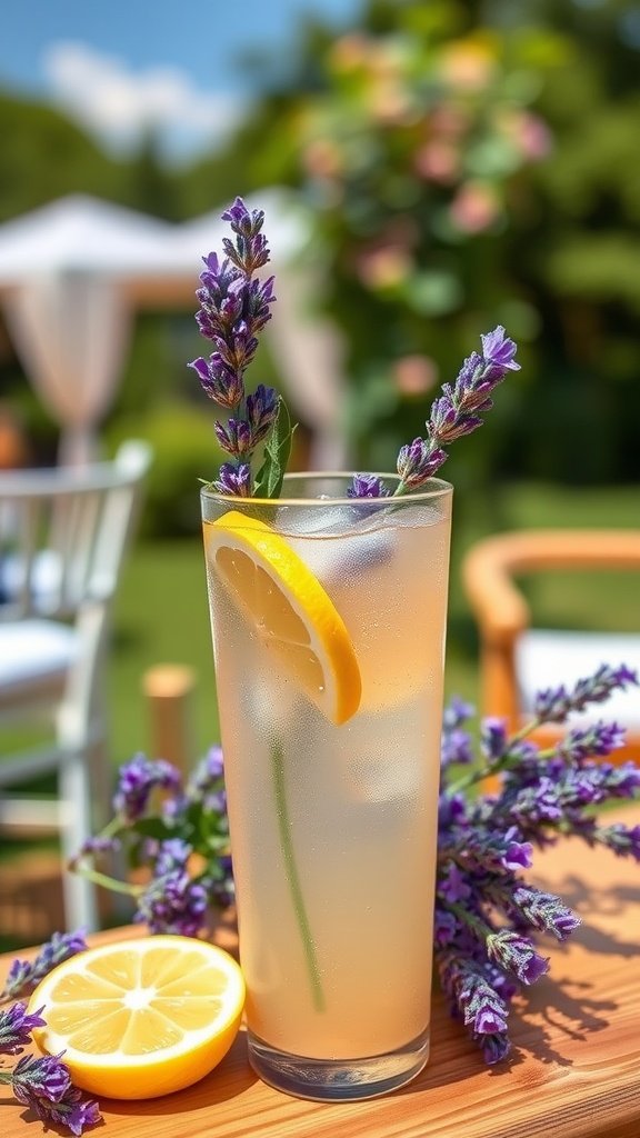 A refreshing lavender lemonade spritzer with lemon slices and lavender sprigs