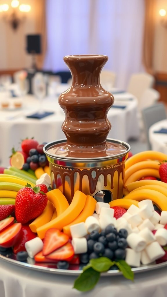 Lavish chocolate fondue fountain with a variety of dippables
