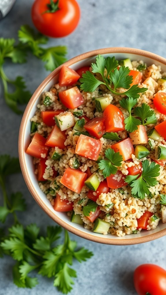 A bowl of Lebanese Tabbouleh Salad with fresh vegetables and herbs.