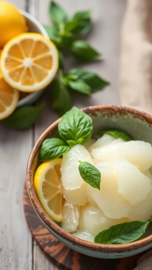A bowl of Lemon Basil Sorbet garnished with basil leaves and lemon slices