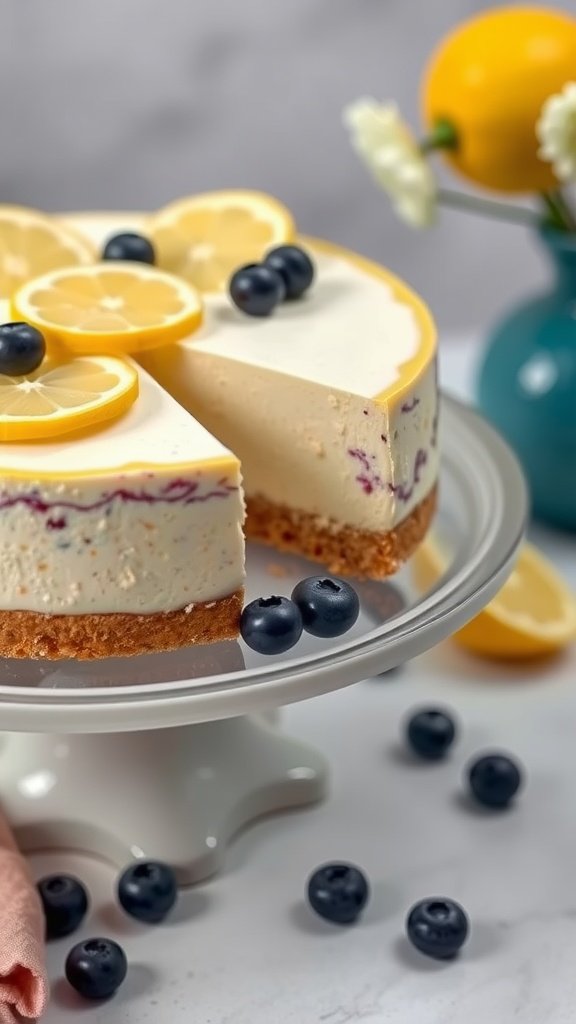 A slice of lemon blueberry cheesecake garnished with lemon slices and blueberries on a cake stand.