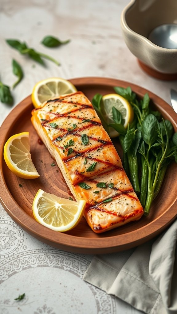 Grilled salmon fillet garnished with lemon slices and herbs on a wooden plate