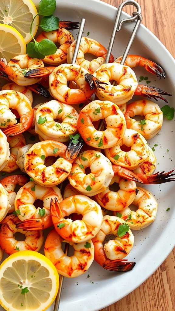 Delicious lemon herb shrimp skewers garnished with herbs and lemon slices