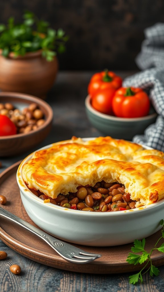 A comforting dish of lentil and vegetable shepherd's pie, topped with creamy mashed potatoes.