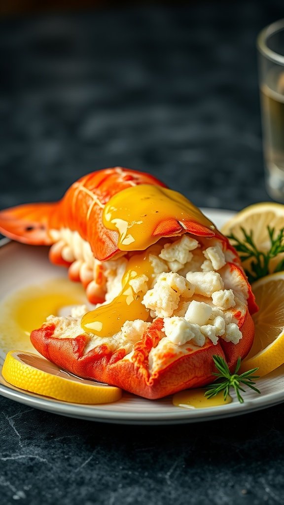A delicious lobster tail served with garlic butter and lemon wedges.