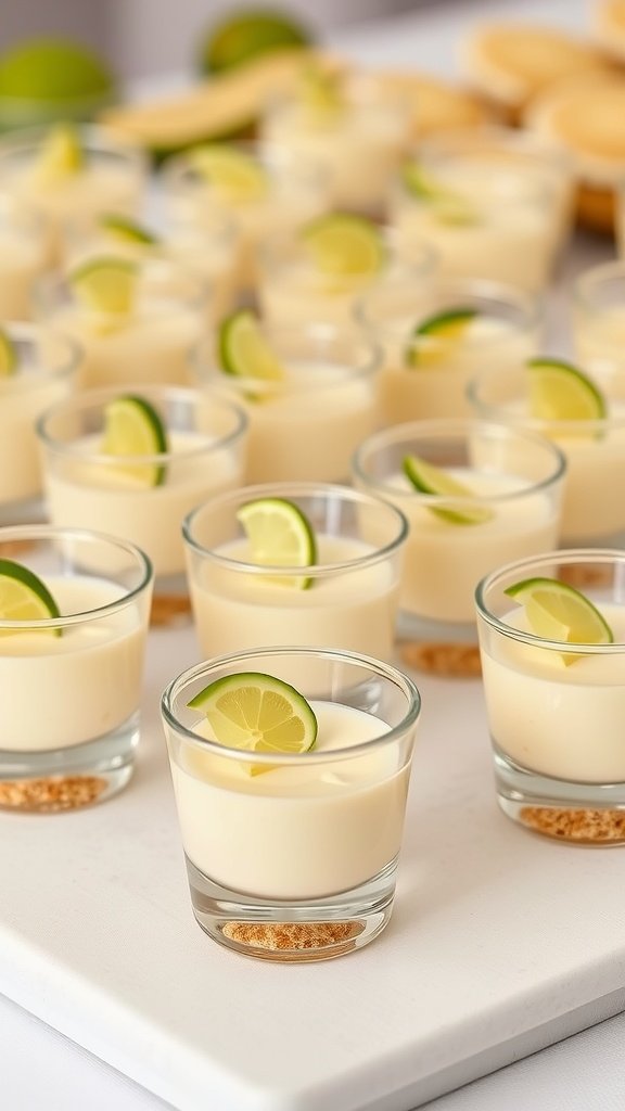 Delicious key lime pie shots served in small glasses with a graham cracker crust and garnished with lime slices