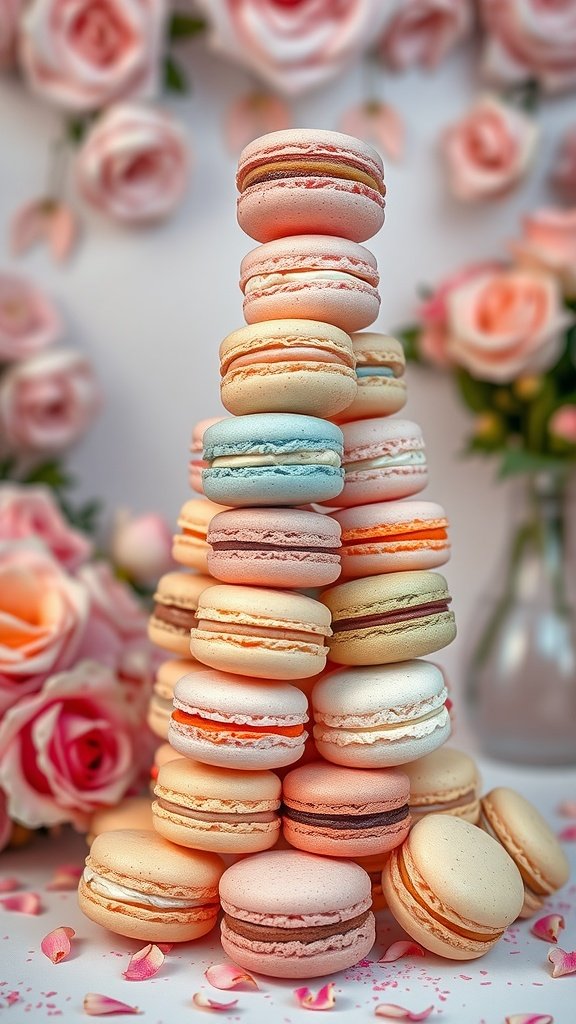 Colorful macaron display with a backdrop of roses