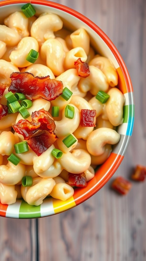 Bowl of creamy macaroni and cheese with bacon and green onions