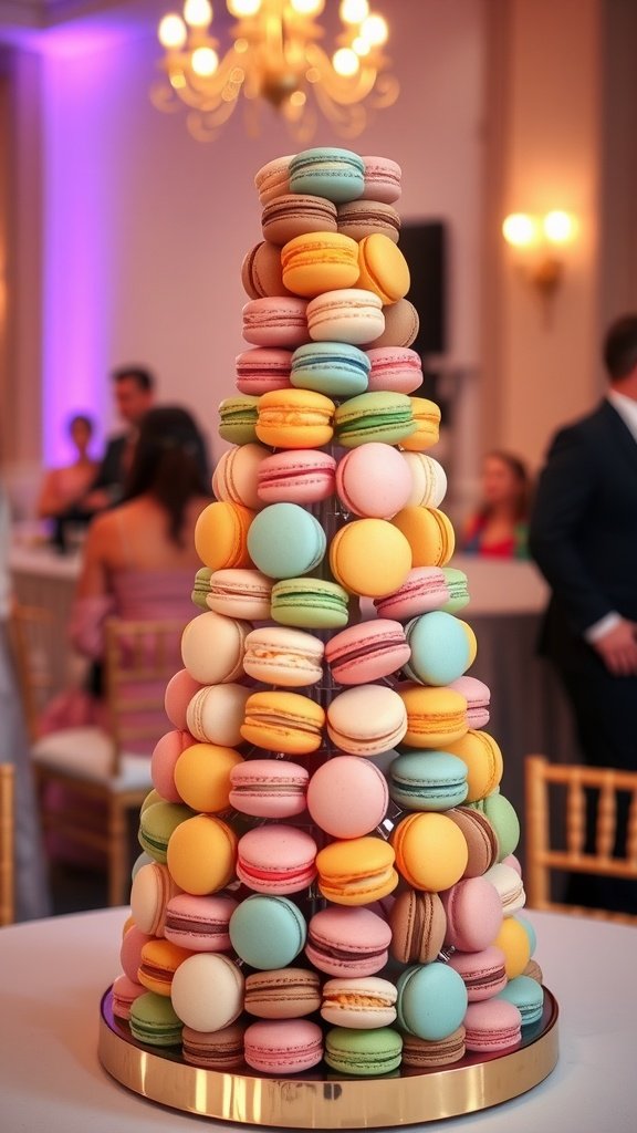 Colorful macarons arranged in a tower for a wedding reception dessert.
