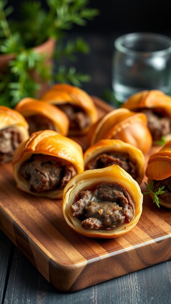 A platter of Mini Beef Wellington Bites on a wooden board.