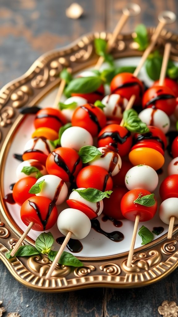 Mini Caprese skewers with cherry tomatoes, mozzarella balls, and basil drizzled with balsamic glaze on a decorative platter