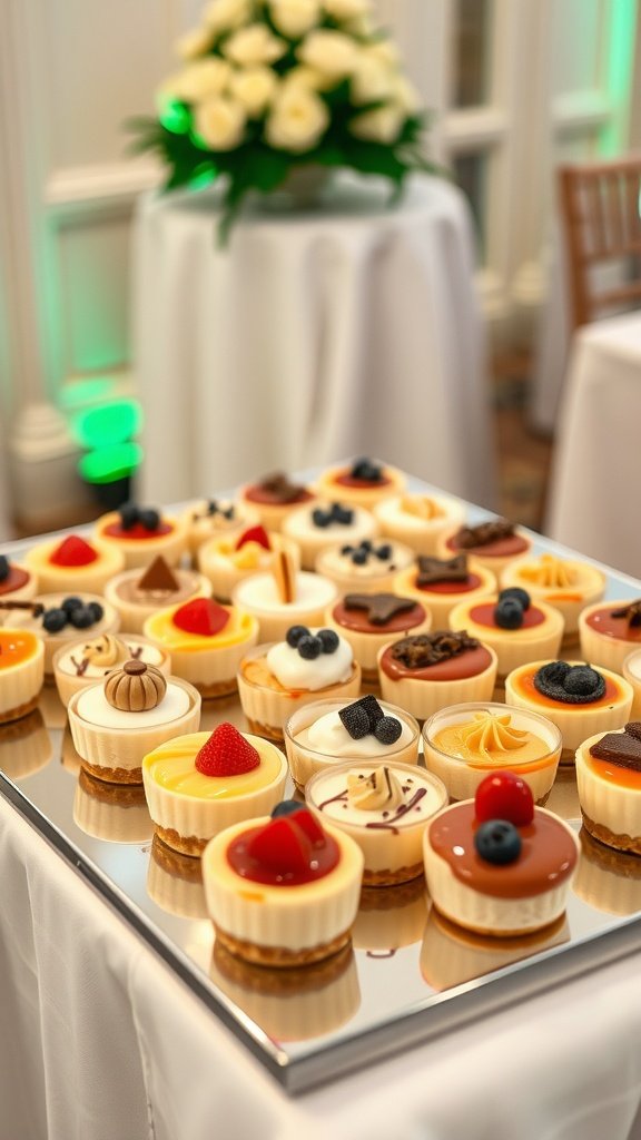 A variety of mini cheesecake bites displayed on a platter.