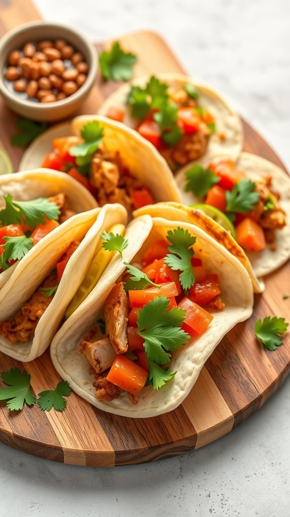 Mini chicken tacos filled with salsa on a wooden platter