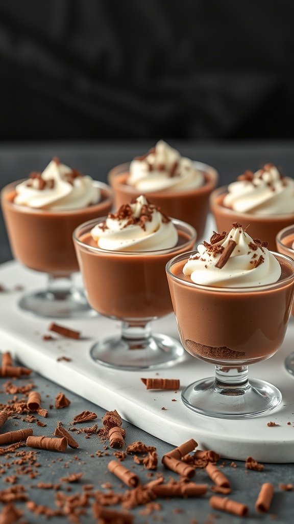 Mini chocolate mousse cups topped with whipped cream and chocolate shavings
