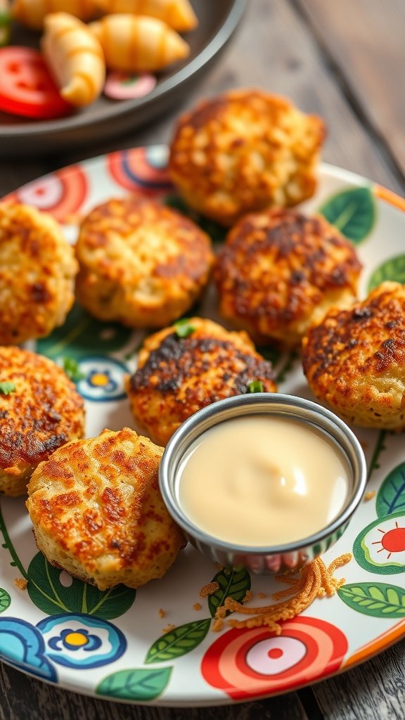 Plate of mini crab cakes with a small bowl of spicy remoulade
