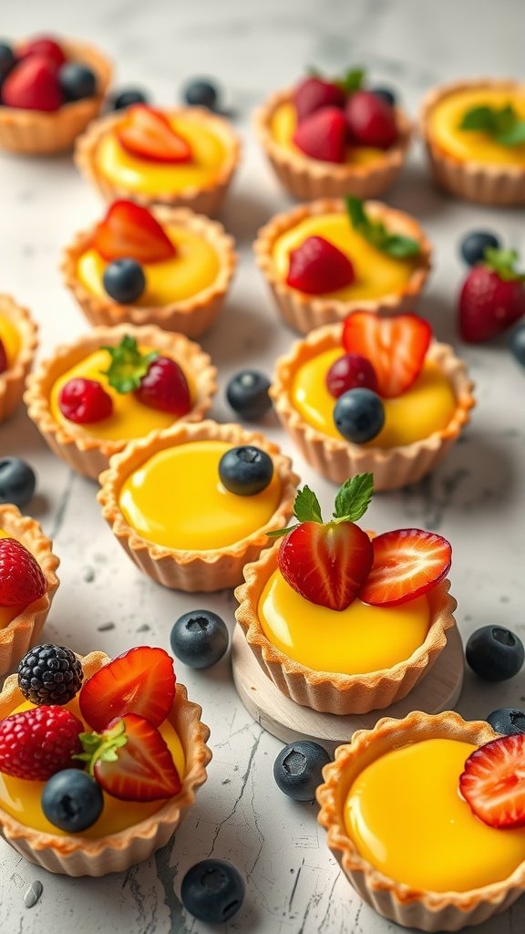 An array of mini fruit tartlets with custard, topped with strawberries, blueberries, and raspberries.