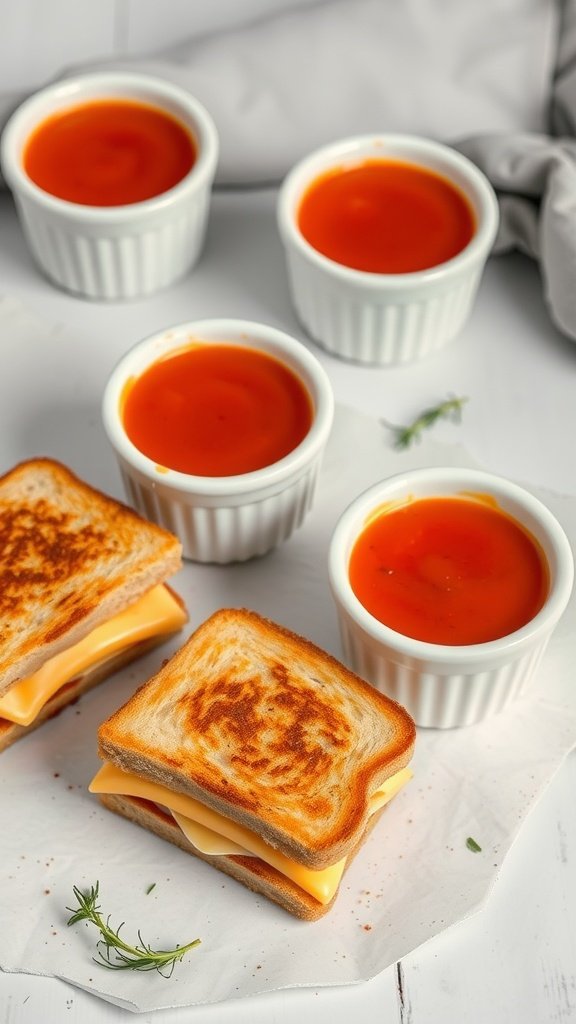 Mini grilled cheese sandwiches with bowls of tomato soup.