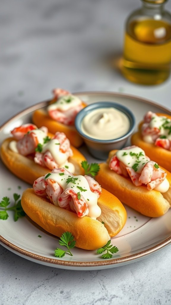 Mini lobster rolls with aioli on a plate, garnished with herbs.