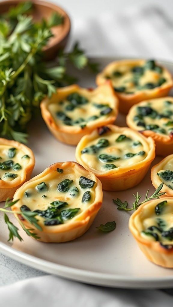 Mini quiches with cheese and spinach on a plate