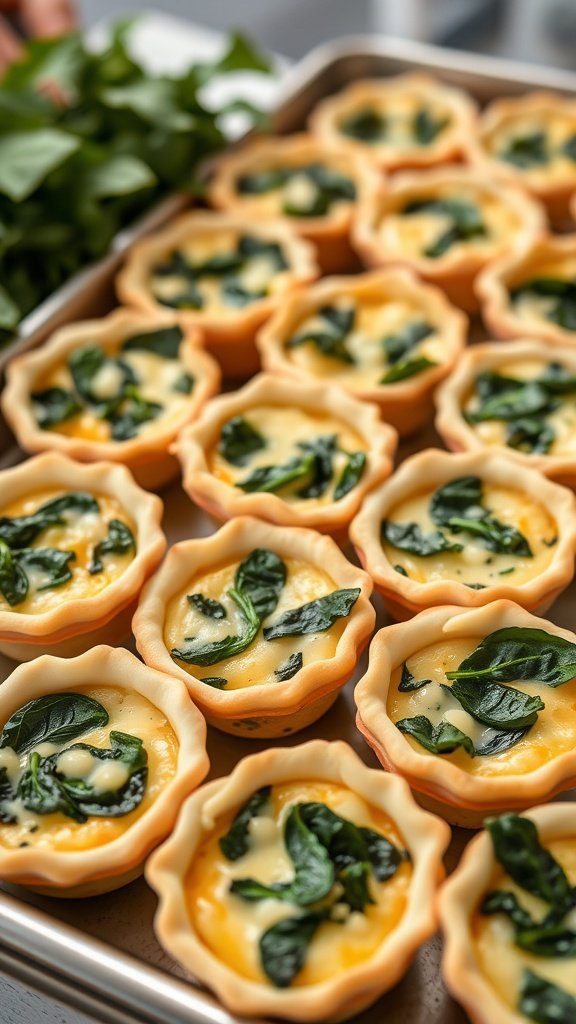 A tray of mini quiches with spinach and cheese.