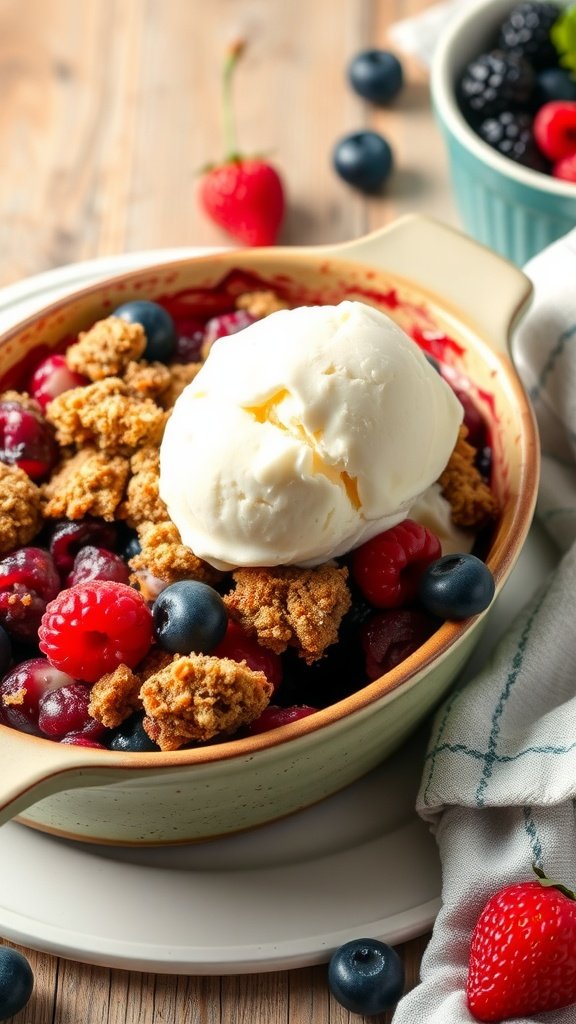 A delicious mixed berry crisp topped with vanilla ice cream, served in a baking dish.