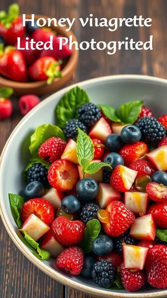 A colorful bowl of mixed berry salad with honey vinaigrette, featuring strawberries, blueberries, blackberries, and apples, garnished with mint leaves.