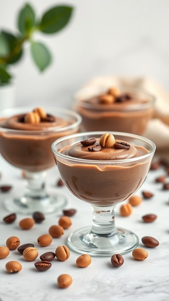 A close-up of mocha hazelnut chocolate mousse in glass cups, topped with coffee beans and hazelnut chocolates.