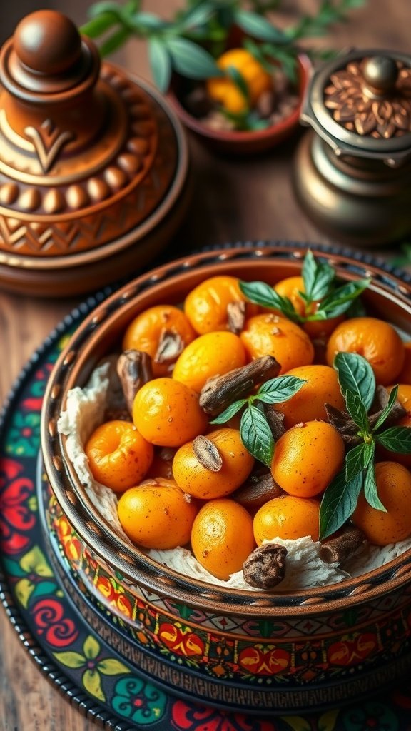 A traditional Moroccan tagine filled with apricots and spices, beautifully presented with decorative elements.