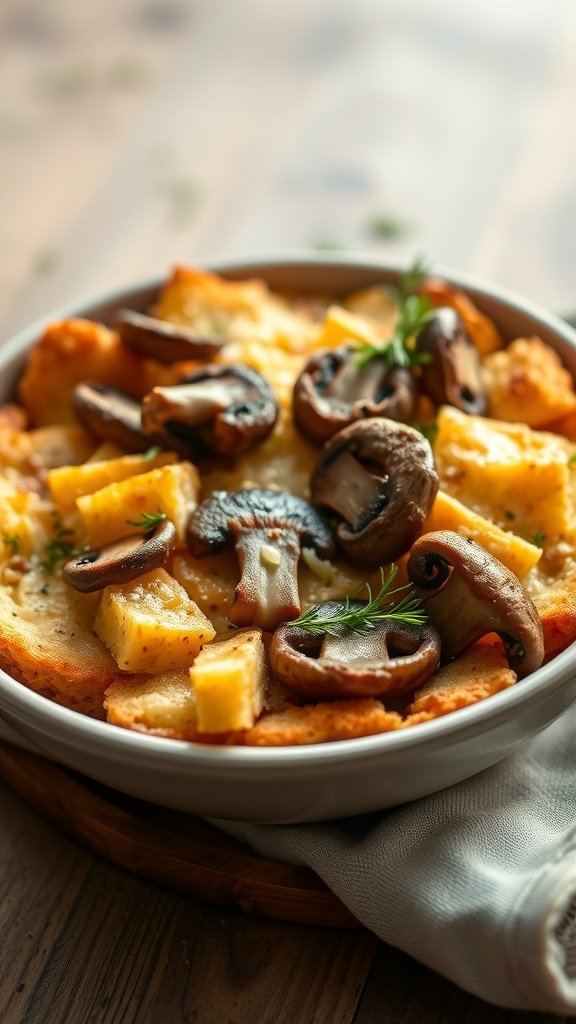 A bowl of Mushroom and Gruyère Bread Pudding with mushrooms and cheese on top.