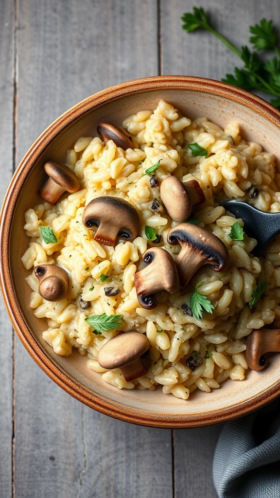 Bowl of creamy mushroom risotto topped with fresh herbs and mushrooms