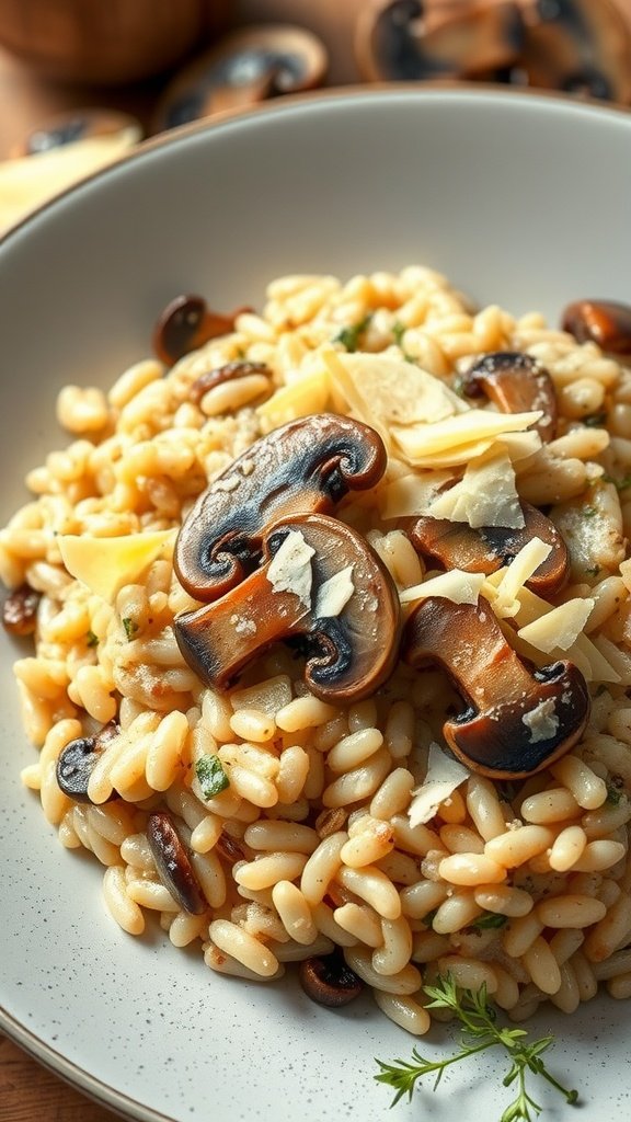 A bowl of creamy mushroom risotto topped with sliced mushrooms and cheese.