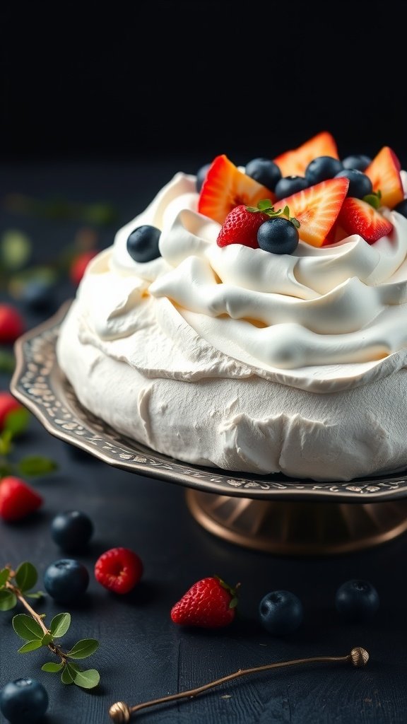 A beautifully decorated pavlova topped with fresh strawberries and blueberries, presented on an elegant serving platter.