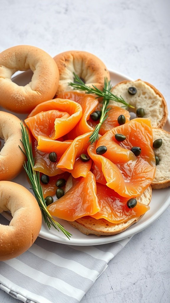 A plate with slices of smoked salmon, bagels, and garnished with capers and rosemary.
