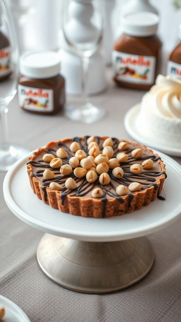 Delicious Nutella Tart decorated with nuts and chocolate drizzle, perfect for weddings.