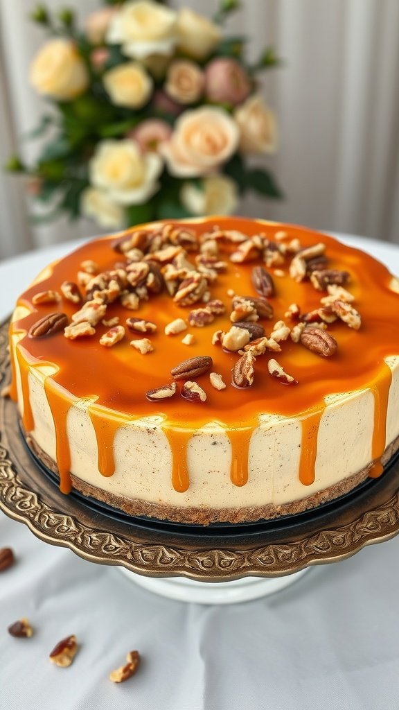 A beautifully crafted Nutty Praline Cheesecake topped with caramel and pecans.