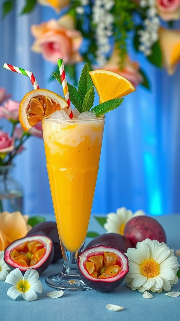 A refreshing Passion Fruit Collins cocktail with garnishes.