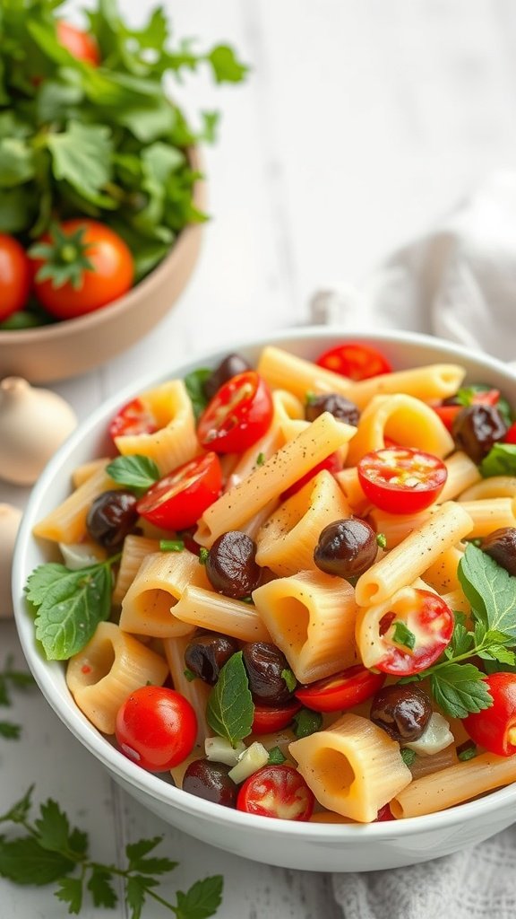 A colorful bowl of pasta salad with cherry tomatoes, olives, cucumbers, and fresh herbs.
